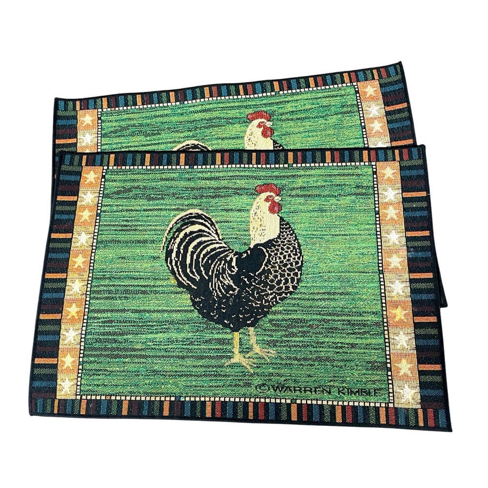 2 WARREN KIMBLE Rooster green tapestry placemats farmhouse decor EUC
